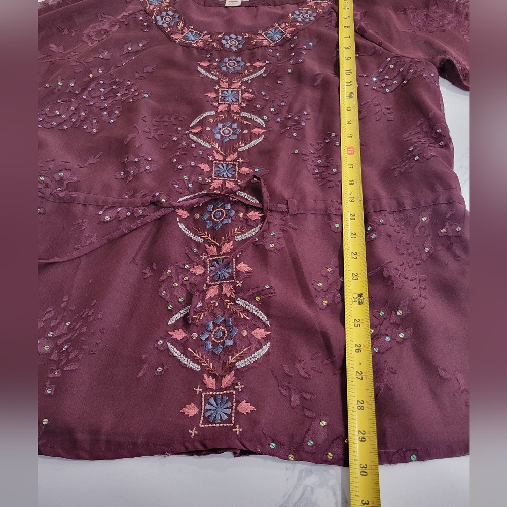 Sundance Burgandy Burnt Velvet Embroidered Sequence Tunic Blouse Size XL - Picture 7 of 8